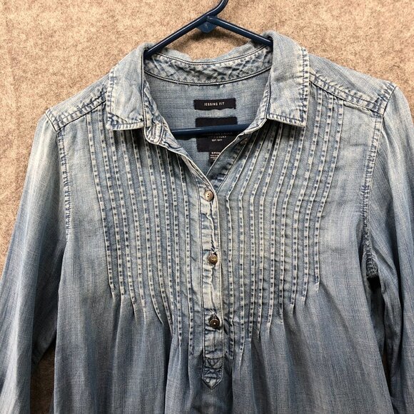 American Eagle Jegging Fit Popover Top Womens S Pintuck Chambray Lyocell - Picture 3 of 9